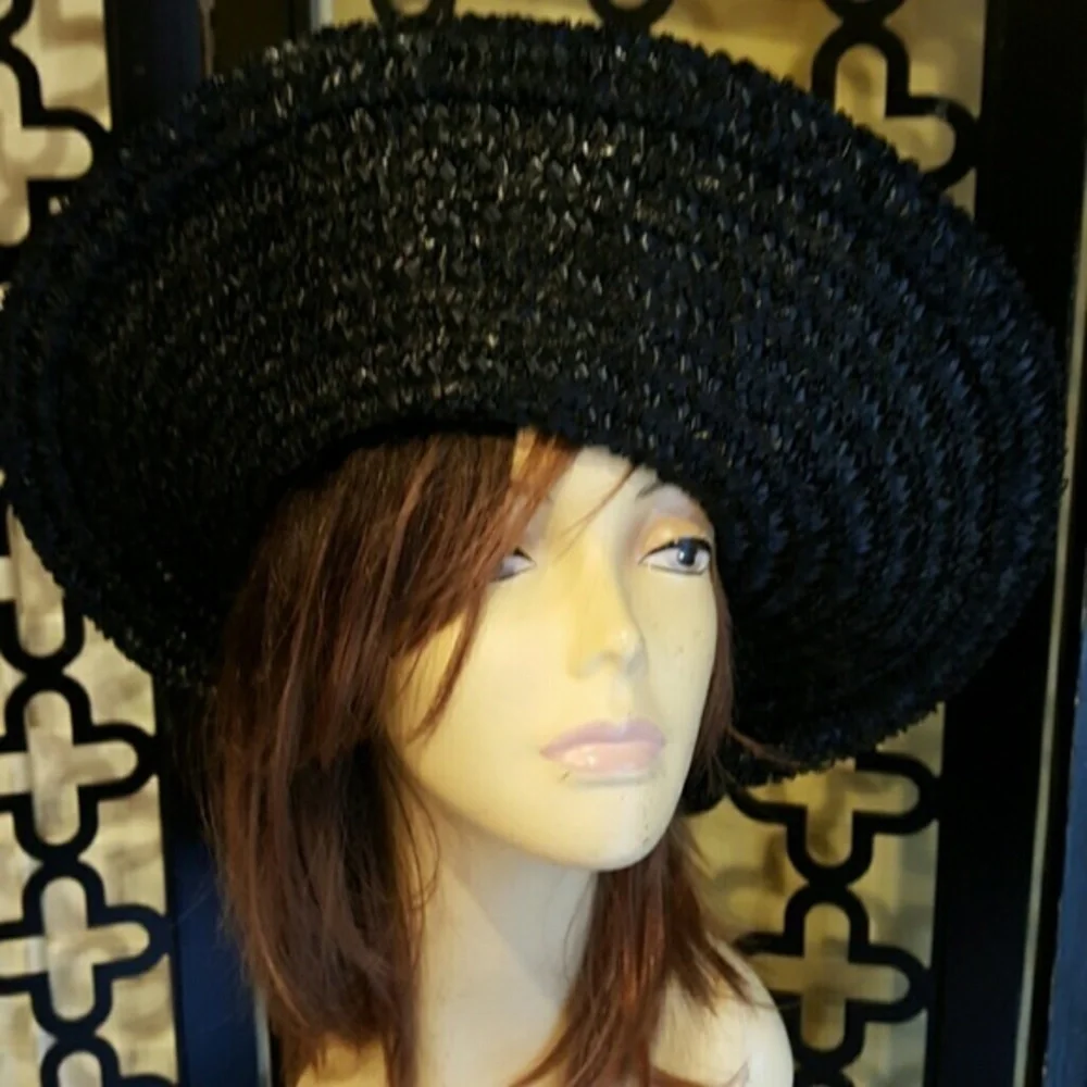 BLACK BROWN STRAW DERBY CHURCH TEA CORALIE VTG HAT STRAW - Picture 3 of 5